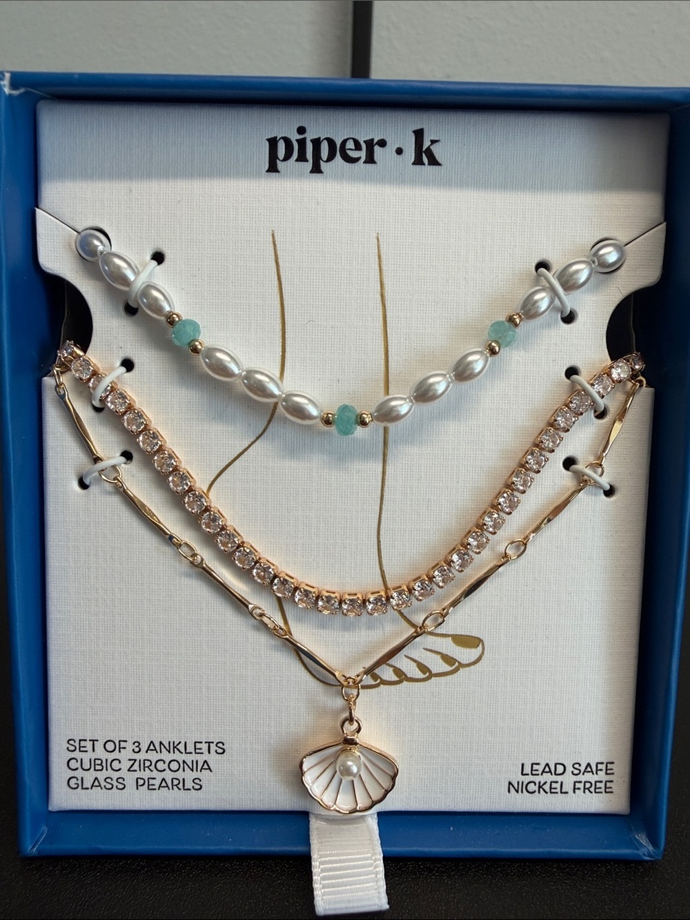 Piper K | Coastal Summer Chic Anklets CZ Glass Pearls Seashell | Set of 3